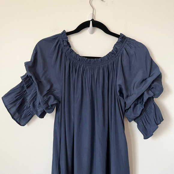 Mersea Tulum Ruffle Mini Dress Navy Blue Womens Small Pockets Off Shoulder - Picture 7 of 12
